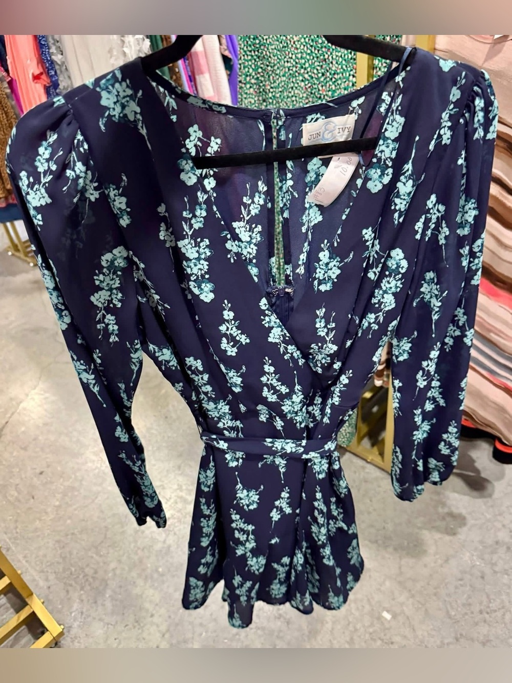 Jun & Ivy Navy Floral Wrap Romper with Long Sleeves